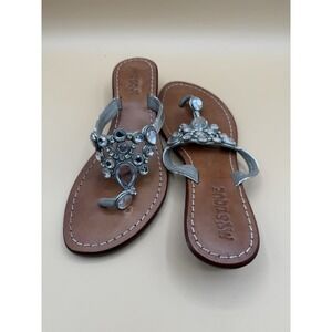Mystique Women's Size 8 Silver Jeweled Leather Sandals Crystal Embellished